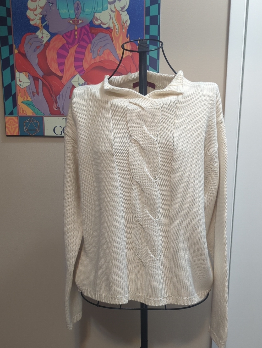Women's Cream Cable-Front Cowl Sweater
